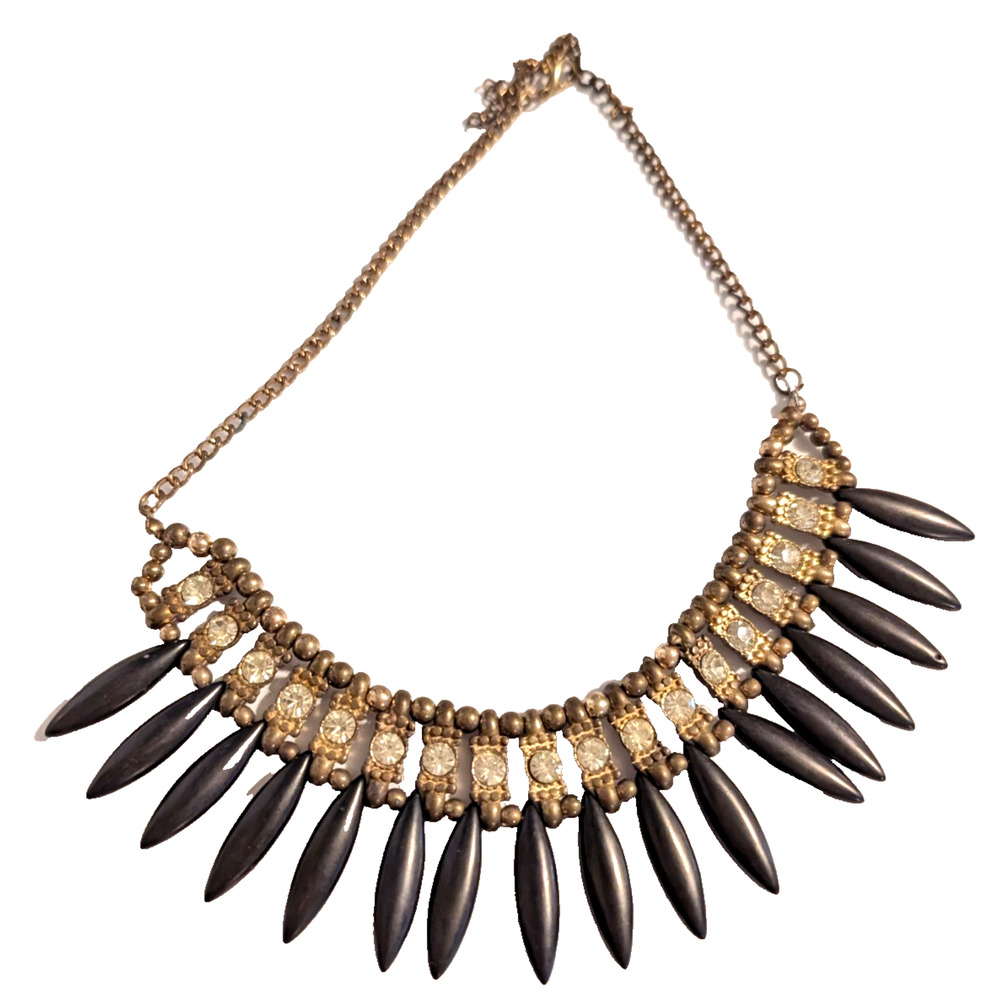 Goth Black Bib Necklace Rhinestones Bronze-tone Statement Adjustable bk01-60
